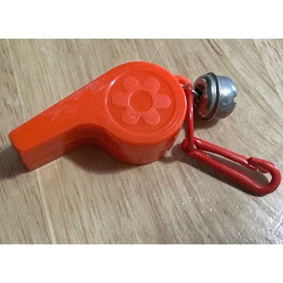 1980s Bell Charm Red Whistle 80s Necklace Vintage Plastic Clip On with Bell - Picture 1 of 4
